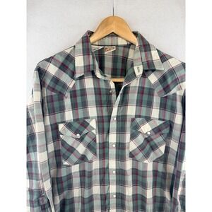 Western Frontier Mens L Button Down Shirt Long Sleeve Plaid Pearl Snap USA